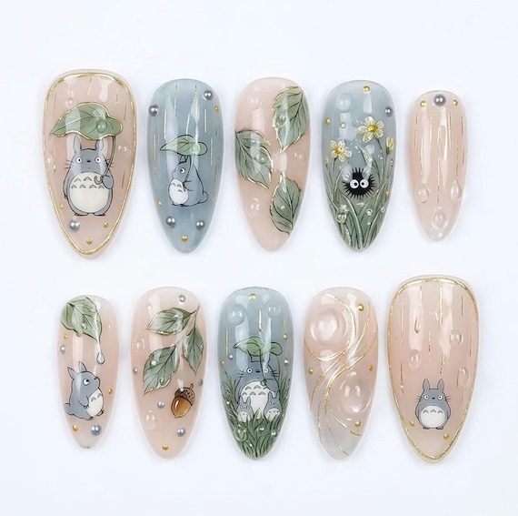 Handmade Totoro Rain Forest Press On Nails, 3D Water Droplets & Leaf Art, Ghibli Inspired Nails, Soft Neutral Watercolor Nail Set