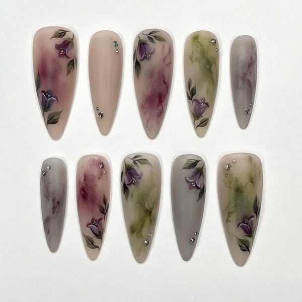 Handmade Watercolor Floral Press On Nails, Soft Botanical Art, Smoky Gradient & Crystal Accents, Elegant Almond Nails