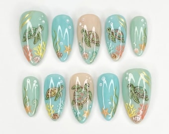 Handmade Sea Turtle Press On Nails, Blue Green Coastal Almond Nails