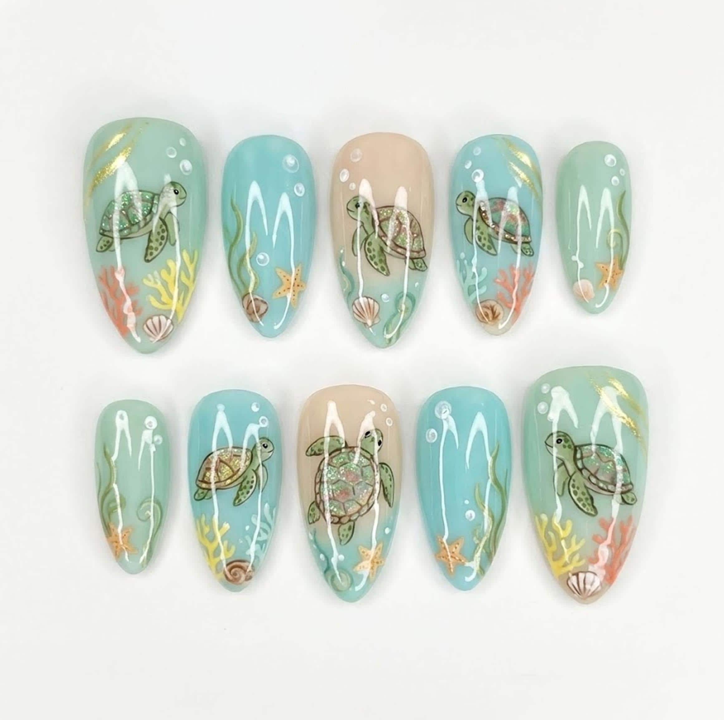 Turtle Tips Nails Handmade Sea Turtle Press on Nails, Ocean Blue Green Palette- Coral ...