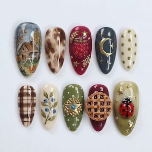 Handmade Cottagecore Press On Nails, 3D Raspberry & Pie Nail Set, Cabin Woodland Nail Art, Cozy Countryside Vibes