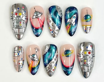 Handgemachte Galaxy Press On Nails, 3D Roboter & UFO Fake Nägel, Metallic Space Accent Nail Art, Cosmic NailSet
