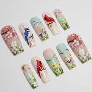 Handmade Spring Garden Press On Nails, Cherry Blossom & Bird Art, Pastel Ombre Floral Set, Nature Inspired Nails image 2
