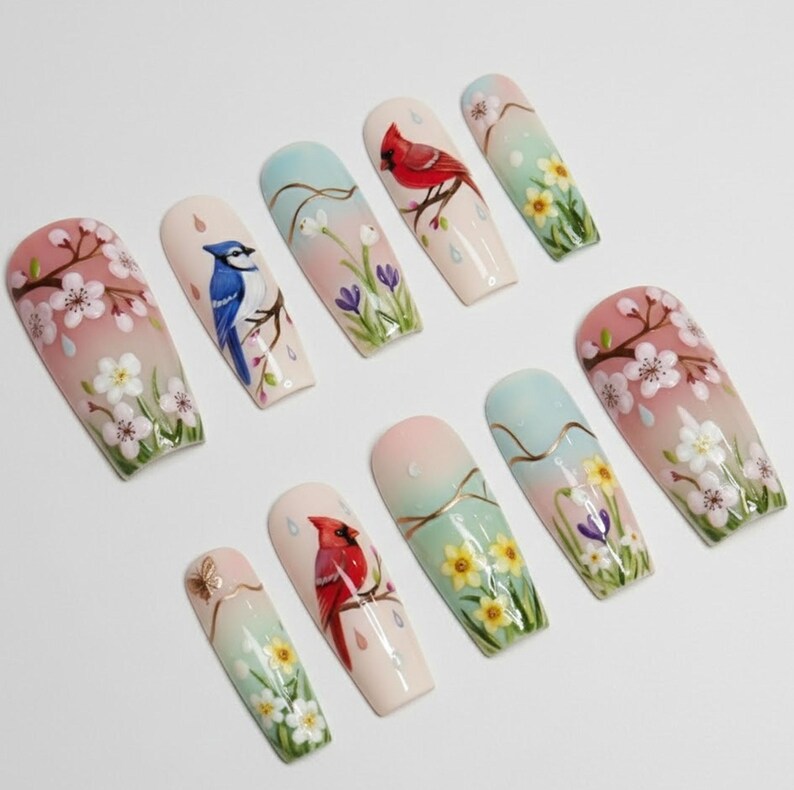 Handmade Spring Garden Press On Nails, Cherry Blossom & Bird Art, Pastel Ombre Floral Set, Nature Inspired Nails image 2