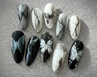 Handmade Gothic Butterfly Press On Nails | 3D Wings, Smoky Art