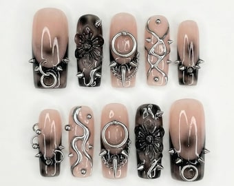 Handmade Gothic Spike Press On Nails, 3D Metal Chain & Stud Nail Art