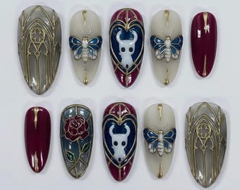 Handmade Hol.low Kni.ght Press On Nails, Gothic Stained Glass Nail Set, Dark Fantasy Game Inspired Nails