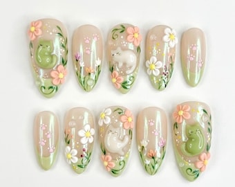 Handmade Floral Press On Nails, 3D Cat & Flower Design Nails, Soft Green and Pink Nail Art | Animal Nature NailSet