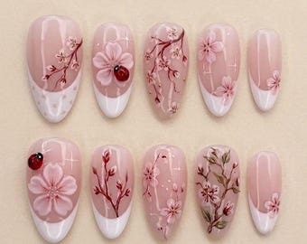 Handmade Cherry Blossom Press On Nails, 3D Ladybug Art, French Tips Jelly Nails