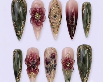 Handmade Royal Gothic Press On Nails, 3D Burgundy Rose Nail Set, Vintage Gold Baroque Filigree, Dark Romance Luxury Vibes