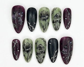 Handmade Gothic Floral Press On Nails, Dark Flower & Mushroom Art- Wine Purple Moss Green Palette, Almond Nails Mystic Vibes