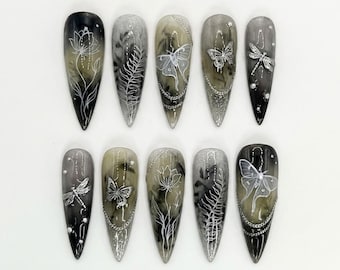 Handmade Gothic Floral Press On Nails, Butterfly Dragonfly Line Art- Smoky Gray Black Tones, Almond Nails Dark Elegant Vibes