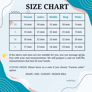 May include: A size chart for nail sizes, with measurements in millimeters for thumb, index, middle, ring, and pinky fingers. Sizes range from XS to L. The chart includes text about custom orders and nail set preparation.