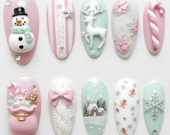 Sweet Pastel Christmas Press On Nails | Pink Mint Winter Holiday Fake Nails | 3D Snowman Reindeer Knit Bow Nail Set
