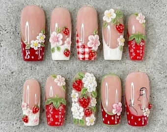 Handmade Strawberry Press On Nails, 3D White Flower Art, Red French Tip, Cute Cottagecore Summer Nail Set