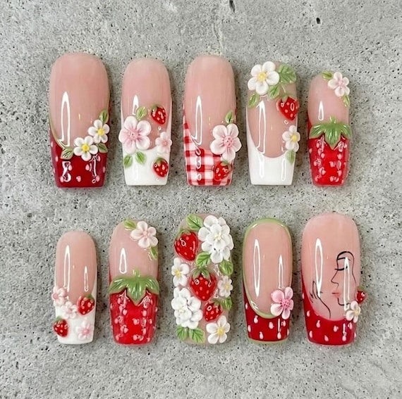 Handmade Strawberry Press On Nails, 3D White Flower Art, Red French Tip, Cute Cottagecore Summer Nail Set