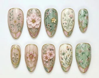 Handgemachte Blumenpresse auf den Nägeln, Elegantes Botanisches Nagelset, Goldumriss Pastellblumennägel, 3D Garten inspirierte Nägel