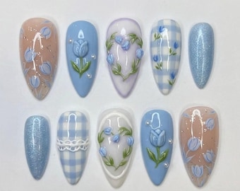 Handmade Blue Tulip Press On Nails, 3D Floral Nail Set, Pastel Gingham & Vintage Flower Accents, Nails For Soft Cottagecore Vibes
