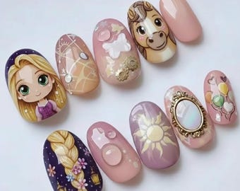 Hand-Painted Rapunzel Press-On Nails, Tangled Fairy Tale Art