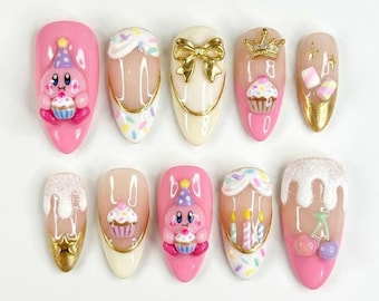 Handgemachte 3D Kirby Geburtstagspresse auf den Nägeln, Party Nail Art