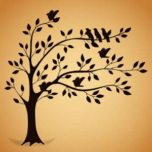 May include: A black silhouette of a tree with leaves and birds against a tan background. The birds are perched on the branches, and some are in flight. The tree has a thick trunk and many branches.
