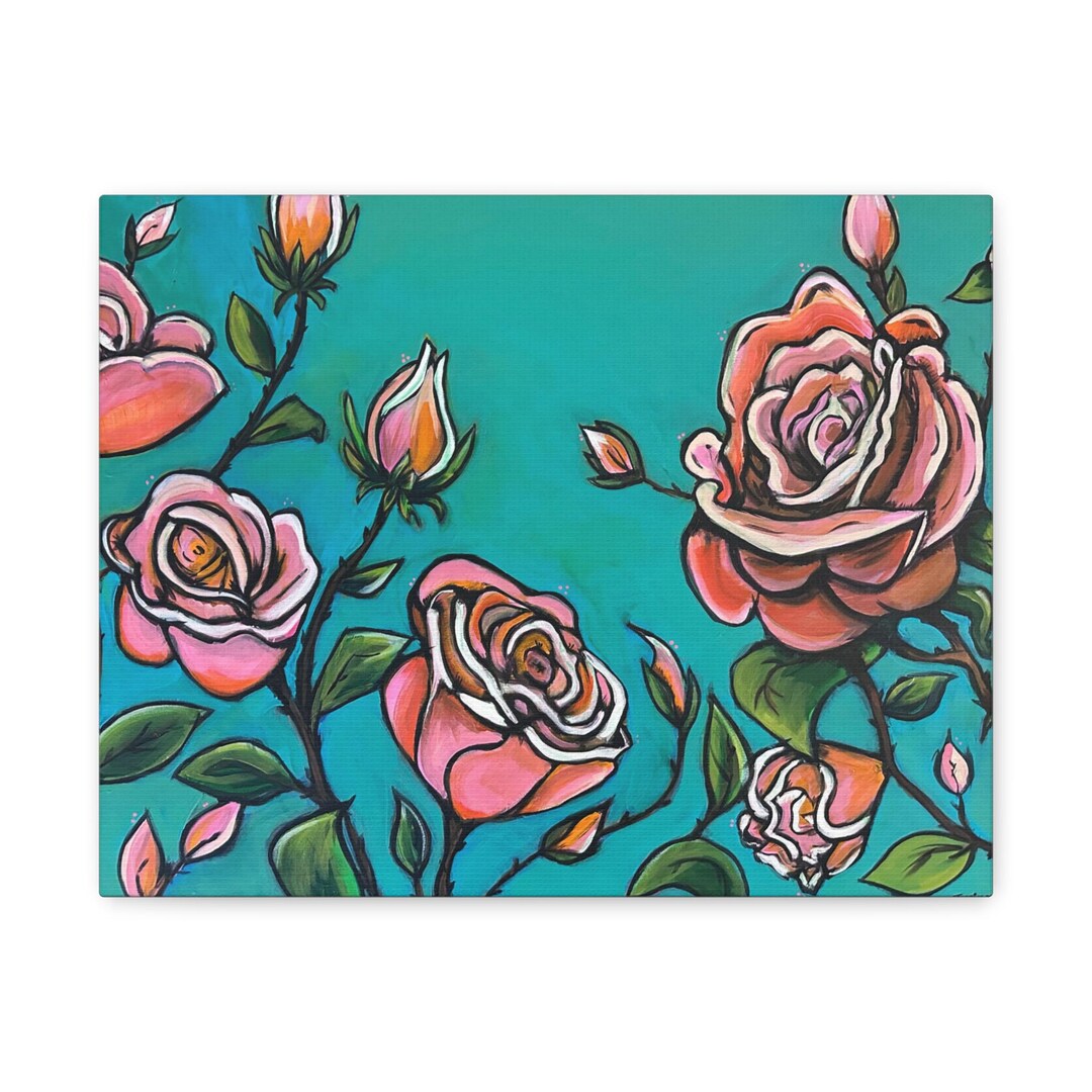 Pink Roses Canvas Print: Teal Background Floral Wall Art - Etsy