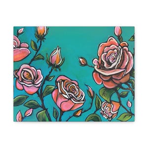 ピンクのバラのキャンバスプリント：ティール色の背景の花柄ウォールアート