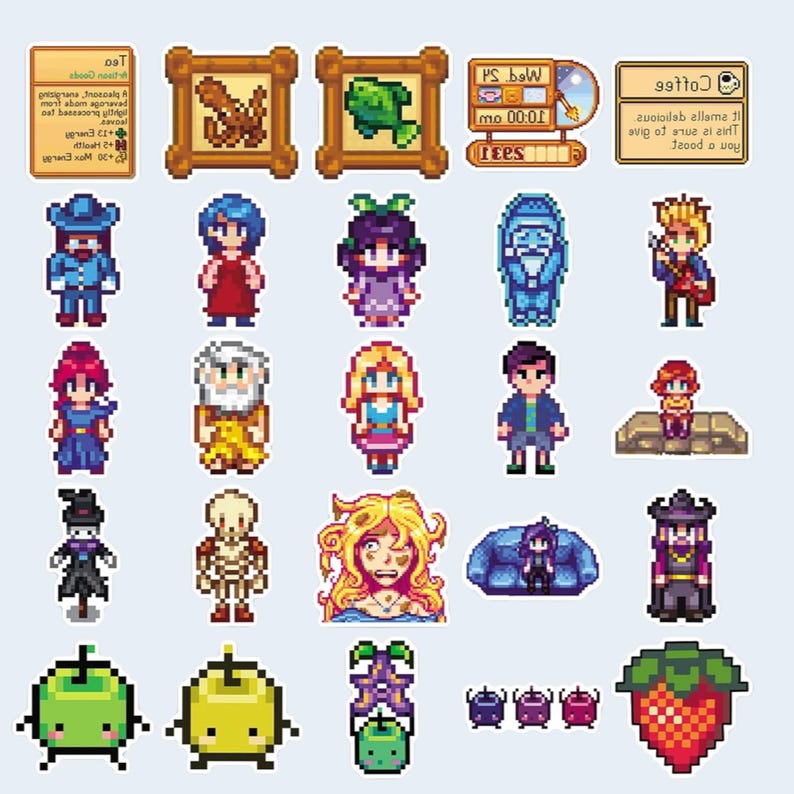Peut inclure: Une collection de personnages et d'objets en pixel art d'un jeu vid&eacute;o. L'image comprend divers personnages, des &oelig;uvres d'art encadr&eacute;es, une horloge et des aliments comme des pommes et des fraises. La palette de couleurs est domin&eacute;e par le bleu, le vert et le marron.