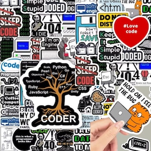 May include: A collection of colorful stickers with coding and programming themes. Includes stickers with text like "CODE", "I'm an Engine", and "#Love code". Also features a sticker with a tree graphic and the word "CODER".