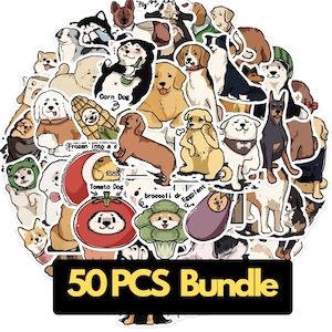 50pcs Cute Dog Stickers | Funny Hand-Drawn Animal Decals for Laptop Water Bottle Scrapbook Phone | Waterproof Vinyl Pack