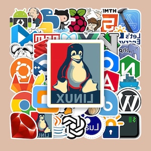 May include: A collection of colorful stickers featuring software logos and icons. Prominent stickers include the Android robot, Python logo, GitHub's Octocat, a Raspberry Pi, and a penguin with the word "LINUX".