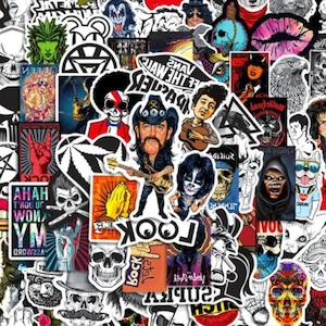 May include: A collection of stickers with rock and roll themes, including band members, skulls, and other designs. The stickers are in a variety of colours, such as black, white, red, and blue. Some stickers have text, including the word "LOOK".