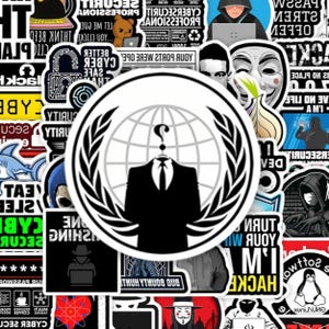 May include: A collection of stickers featuring various designs. The central sticker displays a silhouette of a person in a suit with a question mark for a head, surrounded by a globe and laurel wreath. Other stickers include hacker-themed graphics and text.