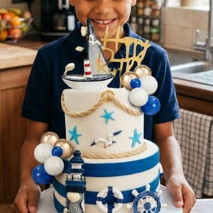 May include: A two-tiered nautical-themed cake, decorated with blue and white stripes, starfish, and a sailboat. The cake features a lighthouse, a life preserver, and a ship's wheel. Gold and blue spherical decorations adorn the cake, and a gold "Happy Birthday" cake topper is visible.