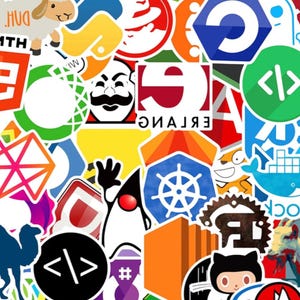 May include: A collection of vibrant stickers showcasing tech and programming symbols. Includes Python, C++, GitHub, and other software-related icons. The stickers are in diverse shapes and sizes, set against a white backdrop.