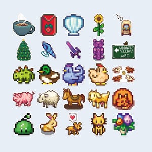 Peut inclure: Illustrations pixelis&eacute;es de divers objets et animaux, dont une tasse de caf&eacute;, un sapin de No&euml;l, un canard, un cochon, un cheval, un chat et un chien. L'image a une esth&eacute;tique de jeu vid&eacute;o r&eacute;tro.