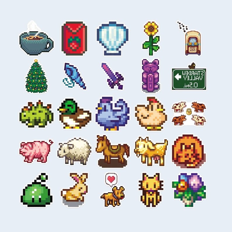 Peut inclure: Illustrations pixelis&eacute;es de divers objets et animaux, dont une tasse de caf&eacute;, un sapin de No&euml;l, un canard, un cochon, un cheval, un chat et un chien. L'image a une esth&eacute;tique de jeu vid&eacute;o r&eacute;tro.