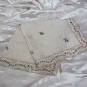 Beautiful Antique Vintage Silk Scarf Hankie Handkerchief Hanky Early Century White Floral