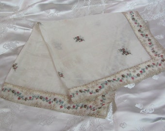 Schöne antike Vintage Seidenschal Taschentuch Taschentuch frühen Jahrhundert weiß Floral