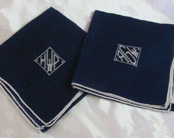 Set of 2 Huge Beautiful Solid Blue Cotton Hankies Handkerchief Monogrammed AGW and HWP // Vintage Antique Hankies & more
