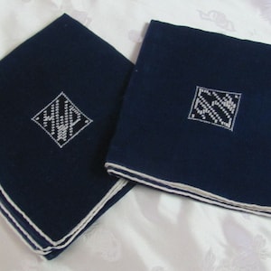 Set of 2 Huge Beautiful Solid Blue Cotton Hankies Handkerchief Monogrammed AGW and HWP // Vintage Antique Hankies & more