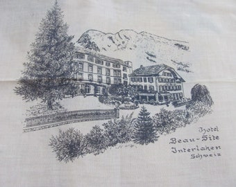Hotel Beau-Site Interlaken Beautiful Pink Printed Linen Hankie Handkerchief Vintage 11" Unused Souvenir Swiss Switzerland Beau Site