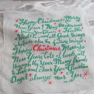 Beautiful Happy Christmas Merry New Year Linen Hankie Handkerchief Novelty // Signed Stell Artwork by Stell Stevis // Rare Designer