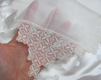 Vintage Hankie Solid White Fancy Lace Handkerchief Hankies Hanky Wedding Bridal Tambour Net