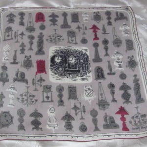 Beautiful Tammis Keefe &quot;Clocks&quot; Cotton Handkerchief - Printed Hand Rolled Novelty Designer Signed Collectible rare