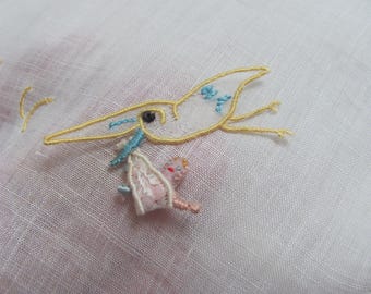 So Cute Stork & Baby // Hankie Vintage Solid White Applique Linen Hankie - Many others to choose from in my shop