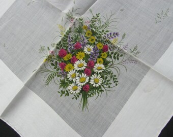 Solid White Hankie with Printed Flowers Bouquet Cotton Handkerchief - Many more to choose from in my shop