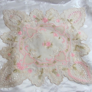 Beautiful Off White and Pink Heavily Embroidered Silk Hankie Handkerchief Mini Scarf // Heirloom Linens Hanky