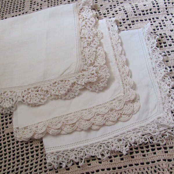 Hankies - Lot of 3 Beautiful Assorted White Vintage Handkerchief Crochet Edges