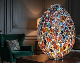 May include: A large, egg-shaped glass lamp featuring a vibrant, multi-colored mosaic pattern of small, irregular shapes in shades of red, blue, orange, and white. The lamp emits a warm, internal glow, highlighting the intricate, translucent glass texture.